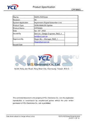 CPF906G datasheet - Product type: ISDN/ANALOG splitter. System application: asymmetric digital subscriber line.