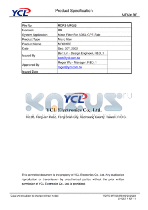 MF601BE datasheet - Product type: micro filter. System application: micro filter for ADSL CPE side.