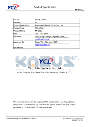 MF606G datasheet - Product type: micro filter. System application: asymmetric digital subscriber line.