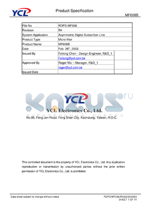 MF608B datasheet - Product type: micro filter. System application: asymmetric digital subscriber line.