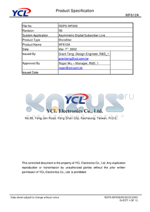 MF612A datasheet - Product type: microfilter. System application: asymmetric digital subscriber line.