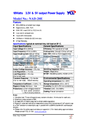 NAD-20E datasheet - 18 Watts 3.3V & 5V output power supply.