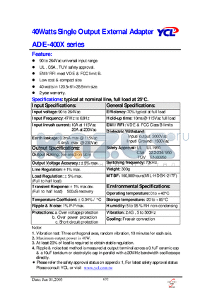 ADE-4002 datasheet - 40 Watts single output external adapter. Output voltage 12V. Output current 0mA (min), 3300mA (max).