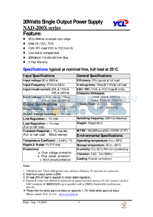 NAD-2001 datasheet - 20 watts single output power supply. Output voltage 5V. Maximum output current 4000mA.