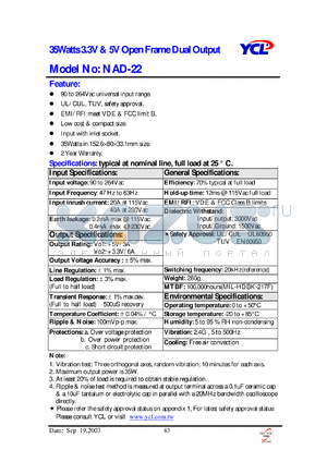 NAD-22 datasheet - 35 watts 3.3V & 5V open frame dual output.