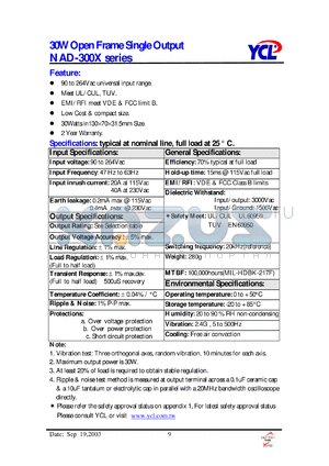 NAD-3002 datasheet - 30 watts open frame single output. Output voltage 12V. Maximum output current 2500mA.