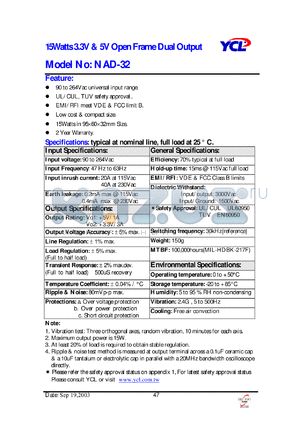 NAD-32 datasheet - 15 watts 3.3V & 5V open frame dual output.