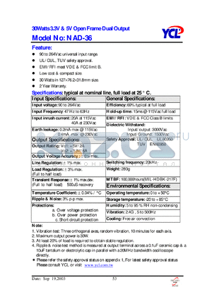 NAD-36 datasheet - 30 watts 3.3V & 5V open frame dual output.