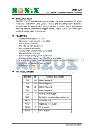 SN65020 datasheet - 3 V, One channel direct drive speech controller