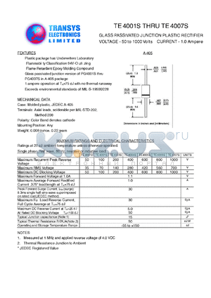 TE4000S datasheet - 50 V, 1 A, glass passivated junction plastic rectifier