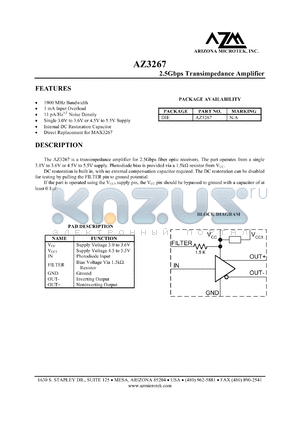 AZ3267 datasheet - 6 V, 2.5 Gbps transimpedance amplifier