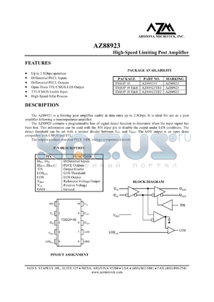 AZ88923T datasheet - 4.5 V, high-speed limiting post amplifier
