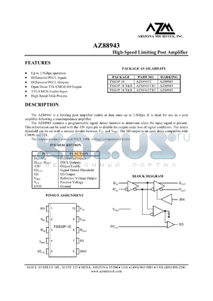 AZ88943TR1 datasheet - 4.5 V, high-speed limiting post amplifier