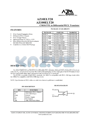 AZ100ELT20DR1 datasheet - 3.0 V-5.5 V, CMOS/TTL to differential PECL translator