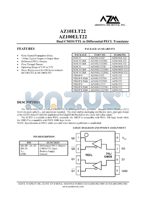 AZ100ELT22TR2 datasheet - 3.0 V-5.5 V, dual CMOS/TTL to differential PECL translator