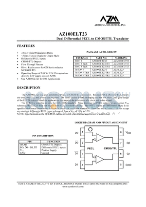 AZ100ELT23TR1 datasheet - 3.0 V-5.5 V, dual CMOS/TTL to differential PECL translator