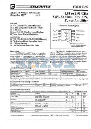 CMM1335-AK-00ST datasheet - 1.85 to 1.91 GHz, 5.8 V, 32 dBm PCS/PCN power amplifier