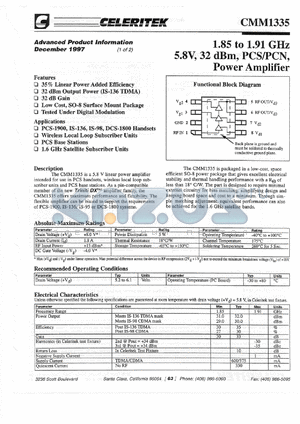 CMM1335-AK-00T0 datasheet - 1.85 to 1.91 GHz, 5.8 V, 32 dBm PCS/PCN power amplifier