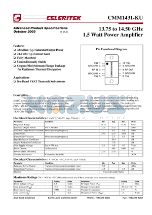 CMM1431-KU datasheet - 13.75 to 14.5 GHz, 1.5 watt power amplifier