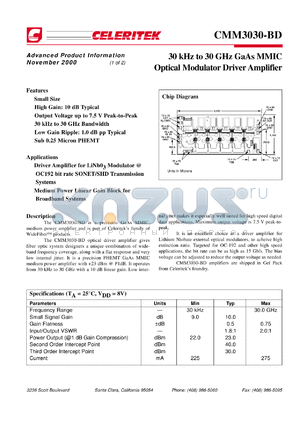 CMM3030-BD-0192 datasheet - 30 kHz to 30 GHz GaAs MMIC optical modulator driver amplifier