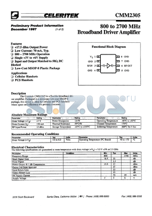 CMM2305-AR-0000 datasheet - 800 to 2700 MHz broadband driver amplifier