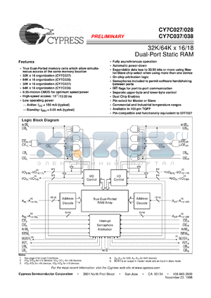 CY7C038-15AI datasheet - 64K x 18 dual-port static RAM, 15ns