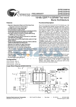 CY7C1310V18-200BZC datasheet - 18-Mb SRAM two-word burst architecture, 200MHz