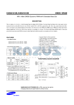 K4E641612B-TL60 datasheet - 4M x 16bit CMOS dynamic RAM with extended data out, 3.3V power supply, 60ns, low power