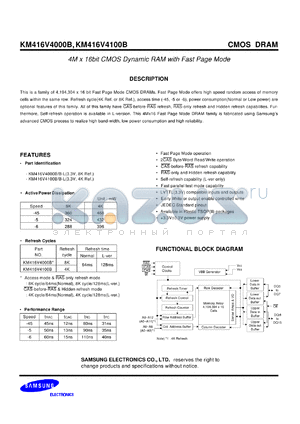 KM416V4000BS-L45 datasheet - 4M x 16bit CMOS dynamic RAM with fast page mode, 3.3V power supply, 45ns, low power