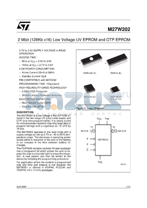 M27W202-100B6 datasheet - 2 Mbit (128Kb x16) low voltage UV EPROM, 100ns