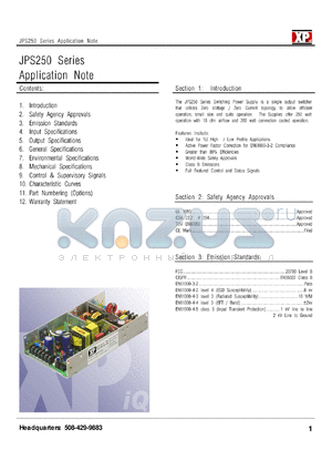 JPS250PS24 datasheet - Switching power supply. Max. power 250 W. Output voltage 24 V. Output current: 10.4 A (with 18 CFM); 8.5 A (convection cooled).