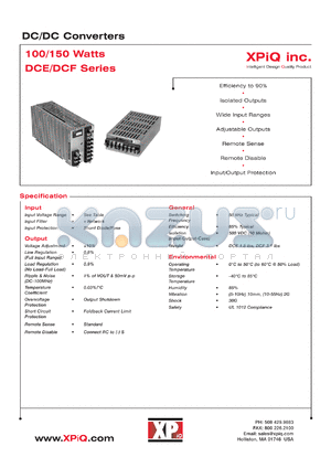 DCE102 datasheet - DC/DC converter. 100 W output series. Output voltage 12 VDC; output current 9.0 A. Input range 12 V nominal (9-16 VDC).