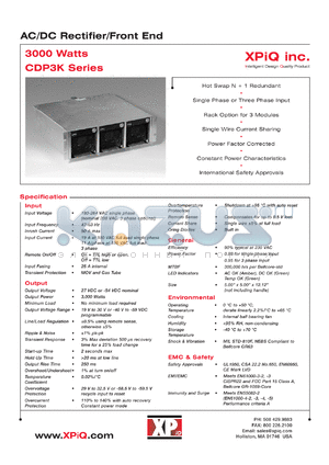 CDP3KPS24 datasheet - AC/DC rectifier/front end. Maximum power 3000 watts. Voltage set point 27 VDC. Output voltage range +20 to +29 VDC. Output current 148.8 to 102.4 A. Standby output 5.0 V/0.5 A.