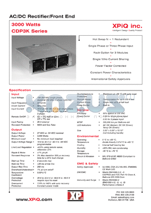 CDP3KPS24-3P datasheet - AC/DC rectifier/front end. Maximum power 3000 watts. Voltage set point 27 VDC. Output voltage range +20 to +29 VDC. Output current 148.8 to 102.4 A. Standby output 5.0 V/0.5 A. Optional 3 phase AC input.