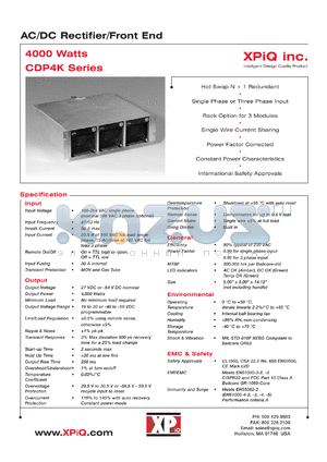 CDP4KPS48-3P datasheet - AC/DC rectifier/front end. Maximum power 4000 watts. Voltage set point -54 VDC. Output voltage range -40 to -58 VDC. Output current 99.9 to 68.9 A. Standby output 5.0 V/0.5 A. Optional 3 phase AC input.