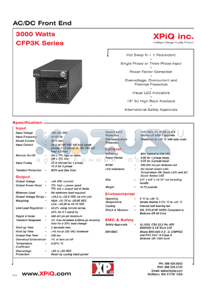 CFP3KPS48FE datasheet - Single phase AC/DC front end. Output power 3000 watts. Output voltage +48 VDC. Output current 62 A. Standby output 5.0 V/0.5 A.