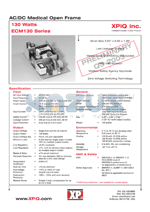 ECM130PS05 datasheet - AC/DC medical open frame. Output power 130 watts. Output voltage 5.0 V. Output current: 20.0A(convection cooled); 26.0A(max 18 CFM).