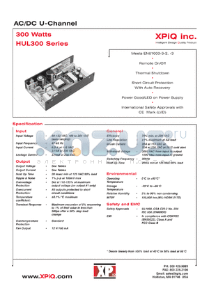 UL300-10 datasheet - AC/DC U-channel. Total output power 150W(conv. cooled), 300W(30cfm). Output1 Vnom 5.0V, Imin 0.5A, Imax 60A.