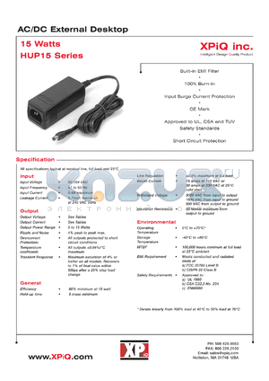 HUP15A-14 datasheet - AC/DC external desktop. Maximum output power 15W. Output Vnom 24.0V, Imin 0A, Imax 0.62A.