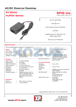 HUP24-10-1 datasheet - AC/DC external desktop. Maximum output power 20W. Output Vnom 7V, Imin 0A, Imax 2.80A.