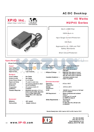 HUP45-13 datasheet - AC/DC desktop. Maximum output power 44W. Output #1 Vnom 15.0V, Imin 0.0A, Imax 2.9A