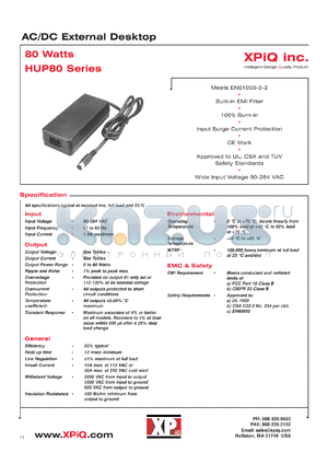 HUP80-23 datasheet - AC/DC external desktop. Max. output power 60W. Output#1: Vnom +5.0V, Imin 0.5A, Imax 7.0A. Output#2: Vnom +12V, Imin 0.3A, Imax 3.0A.