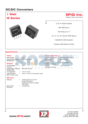 IE0315SH datasheet - DC/DC 1 watt converter. 3000 VDC isolation. 3.3 VDC input. Output voltage 15.0 VDC. Output current 66 mA.