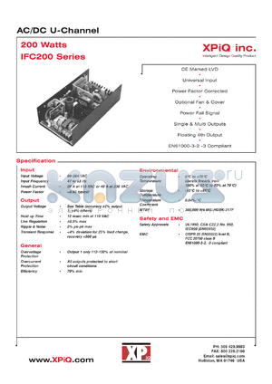 IFC200-13B datasheet - AC/DC U-channel. 200W(25 CFM), 150W(without moving air). Output #1: Vnom 15V, Imin 1.0A, Imax 13.4A.