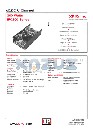 IFC200-18C datasheet - AC/DC U-channel. 200W. Output #1: Vnom 48V, Imin 0.5A, Imax 4.2A.