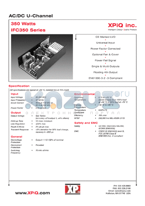 IFC350-23B datasheet - AC/DC U-channel. Max output power 300W. Output #1: Vnom 5.1V, Imin 5.0A, Imax 40.0A. Output #2: Vnom +12V, Imin 0A, Imax 9.0A.