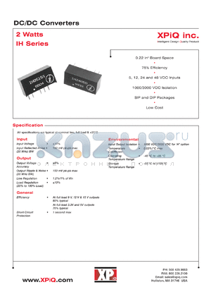 IH0503D datasheet - DC/DC 2 watts converter. 1000 VDC isolation. 48 VDC input. Output voltage +-3.3 VDC. Output current +-300 mA,