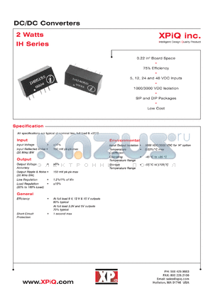 IH2403D datasheet - DC/DC 2 watts converter. 1000 VDC isolation. 48 VDC input. Output voltage +-3.3 VDC. Output current +-300 mA,