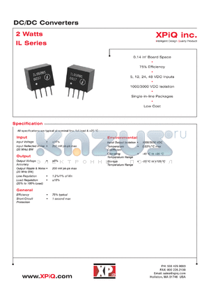 IL4815H datasheet - DC/DC 2 watts converter. 3000 VDC isolation. 48 VDC input. Output voltage 15.0 VDC. Output current 132 mA.