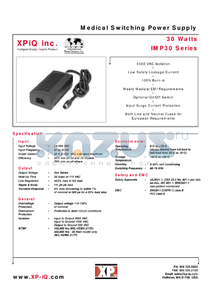 IMP30-13 datasheet - Medical switching power supply. Output power 30W. Output voltage nominal 15 V. Output current: Imin 0.00 A, Imax 2.00A.